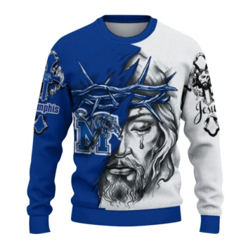 Memphis Tigers Sweater - Custom Jesus Tear Blue and White