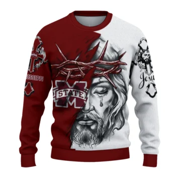 Mississippi State Bulldogs Sweater - Customized Jesus Tear Red and White