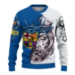 Barcelona Sweater Customized Jesus Tear Blue White Best Selling