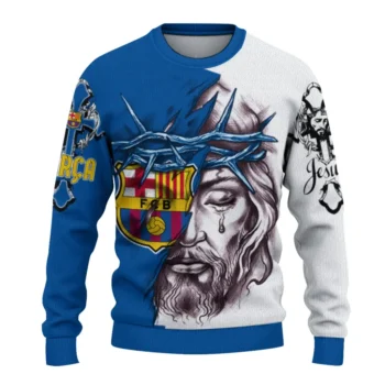 Barcelona Sweater Customized Jesus Tear Blue White Best Selling