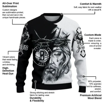 Brooklyn Nets Sweater Customized Jesus Tear Black White New Arrival