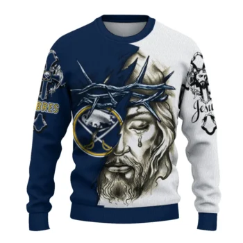 Buffalo Sabres Sweater Customized Jesus Tear Navy Blue White Best Selling