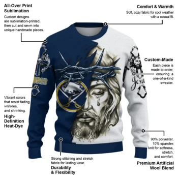 Buffalo Sabres Sweater Customized Jesus Tear Navy Blue White New Arrival