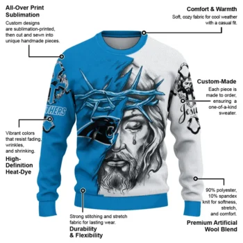 Carolina Panthers Sweater Custom Jesus Tear Blue White New Arrival