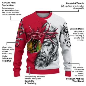 Chicago Blackhawks Sweater Customized Jesus Tear Red White New Arrival
