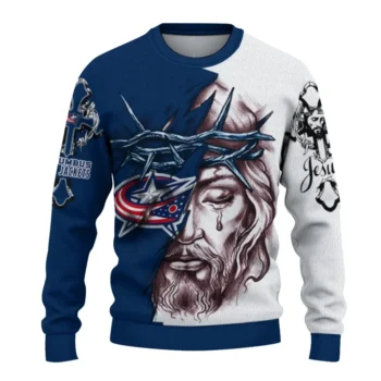 Columbus Blue Jackets Sweater Custom Jesus Tear Navy Blue White Best Selling