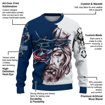 Columbus Blue Jackets Sweater Custom Jesus Tear Navy Blue White New Arrival