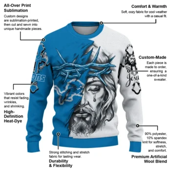 Detroit Lions Sweater Custom Jesus Tear Blue White New Arrival