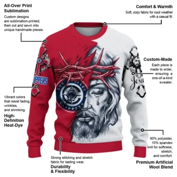Los Angeles Clippers Sweater Customized Jesus Tear Red White New Arrival