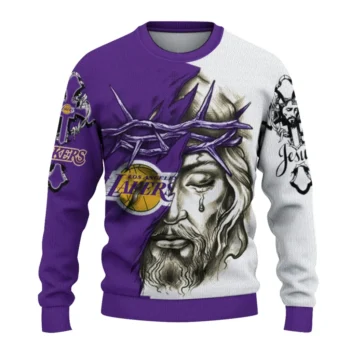 Los Angeles Lakers Sweater Personalized Jesus Tear Purple White Best Selling