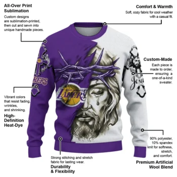 Los Angeles Lakers Sweater Personalized Jesus Tear Purple White New Arrival