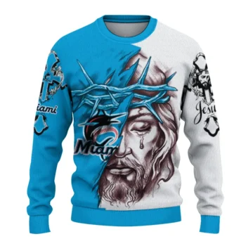 Miami Marlins Sweater Custom Jesus Tear Blue White Best Selling