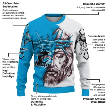 Miami Marlins Sweater Custom Jesus Tear Blue White New Arrival