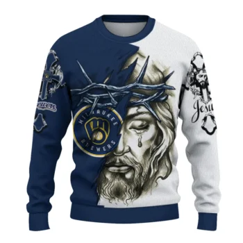 Milwaukee Brewers Sweater Customized Jesus Tear Navy Blue White Best Selling