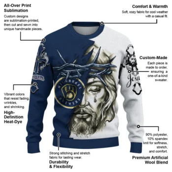 Milwaukee Brewers Sweater Customized Jesus Tear Navy Blue White New Arrival