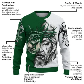 Milwaukee Bucks Sweater Custom Jesus Tear Green White New Arrival