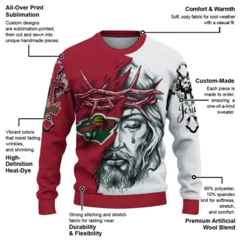 Minnesota Wild Sweater Custom Jesus Tear Red White New Arrival