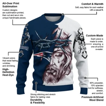 New England Patriots Sweater Personalized Jesus Tear Blue White New Arrival
