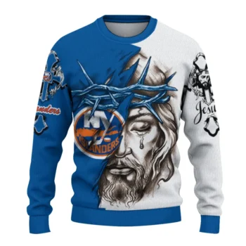 New York Islanders Sweater Customized Jesus Tear Blue White Best Selling