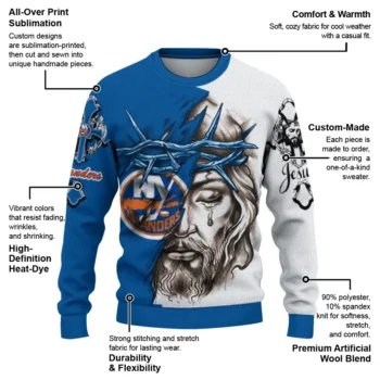 New York Islanders Sweater Customized Jesus Tear Blue White New Arrival