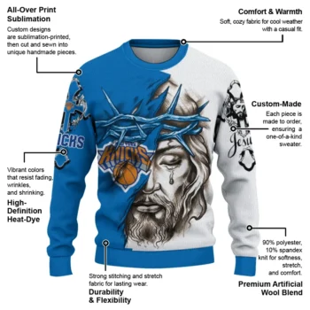 New York Knicks Sweater Customized Jesus Tear Blue White New Arrival