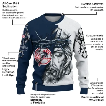 New York Yankees Sweater Customized Jesus Tear Navy White New Arrival
