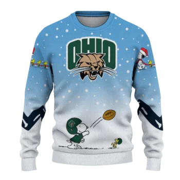 Ohio Bobcats Sweater Customized Winter Football Snoopy Blue White Best Selling