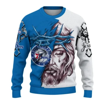 Philadelphia 76ers Sweater Custom Jesus Tear Blue White Best Selling