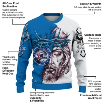 Philadelphia 76ers Sweater Custom Jesus Tear Blue White New Arrival