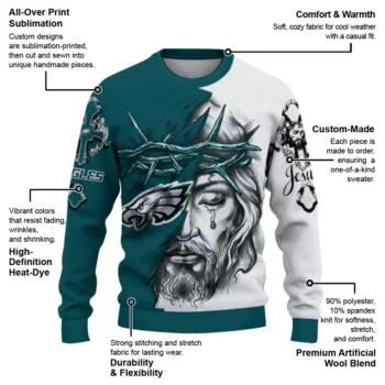 Philadelphia Eagles Sweater Custom Jesus Tear Green White New Arrival