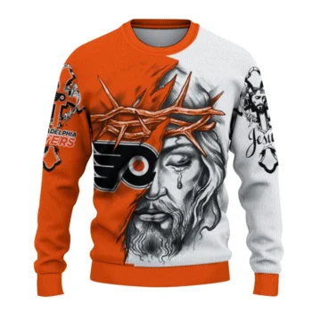 Philadelphia Flyers Sweater Customized Jesus Tear Orange White Best Selling