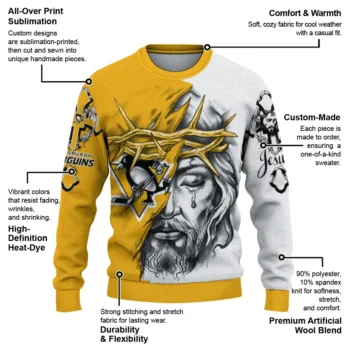 Pittsburgh Penguins Sweater Personalized Jesus Tear Yellow White New Arrival