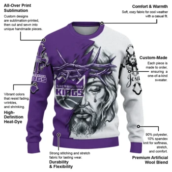 Sacramento Kings Sweater Custom Jesus Tear Purple White New Arrival