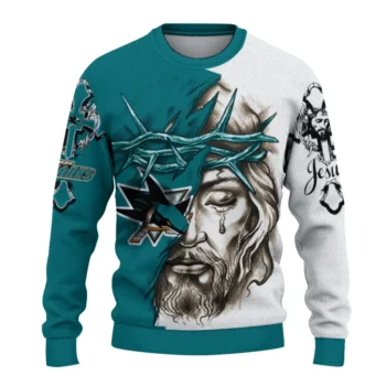 San Jose Sharks Sweater Custom Jesus Tear Teal White Best Selling