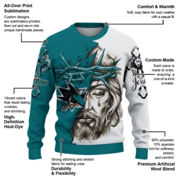 San Jose Sharks Sweater Custom Jesus Tear Teal White New Arrival