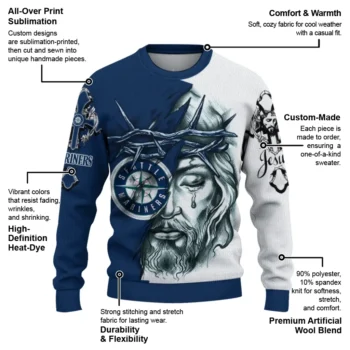 Seattle Mariners Sweater Customized Jesus Tear Navy Blue White New Arrival