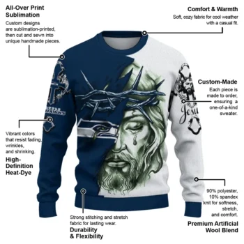 Seattle Seahawks Sweater Custom Jesus Tear Blue White New Arrival