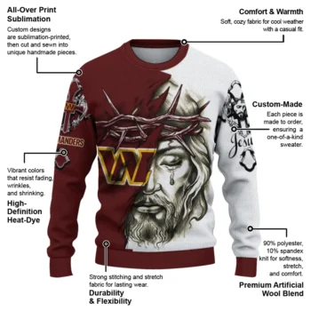 Washington Commanders Sweater Custom Jesus Tear Burgundy White New Arrival