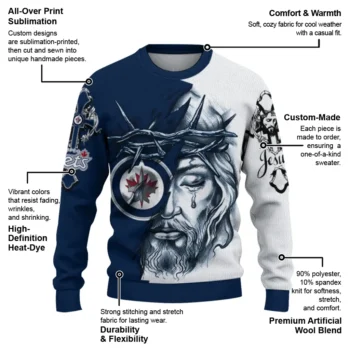 Winnipeg Jets Sweater Personalized Jesus Tear Blue White New Arrival