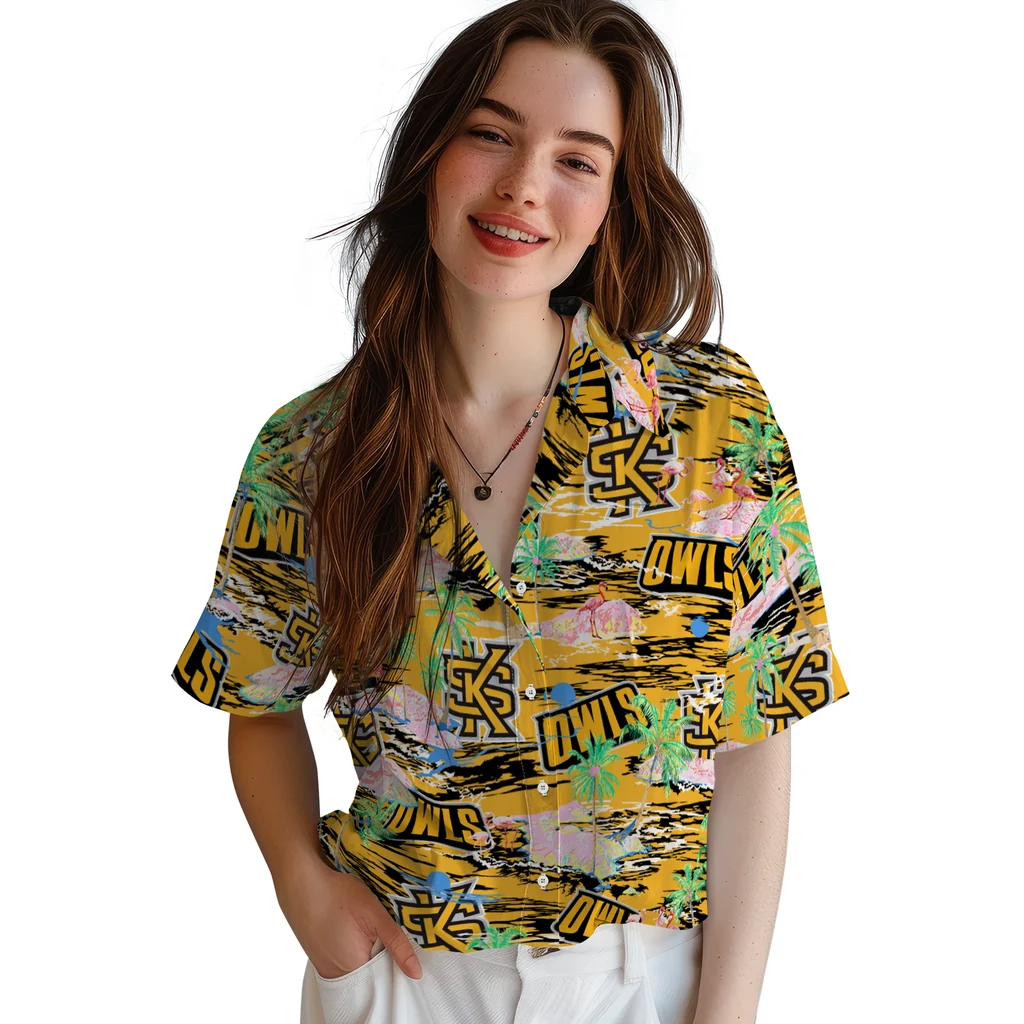 kennesaw-state-owls-hawaiian-shirt-flamingo-retreat-gold-latest-model.webp